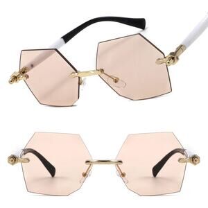 Classic Gold and White Geometric Sunglasses Womens Unique Rimless Hexagon Tinted